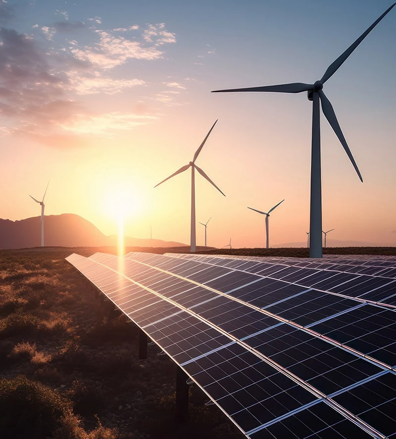 image11 Solar panels and wind turbines at sunset.
