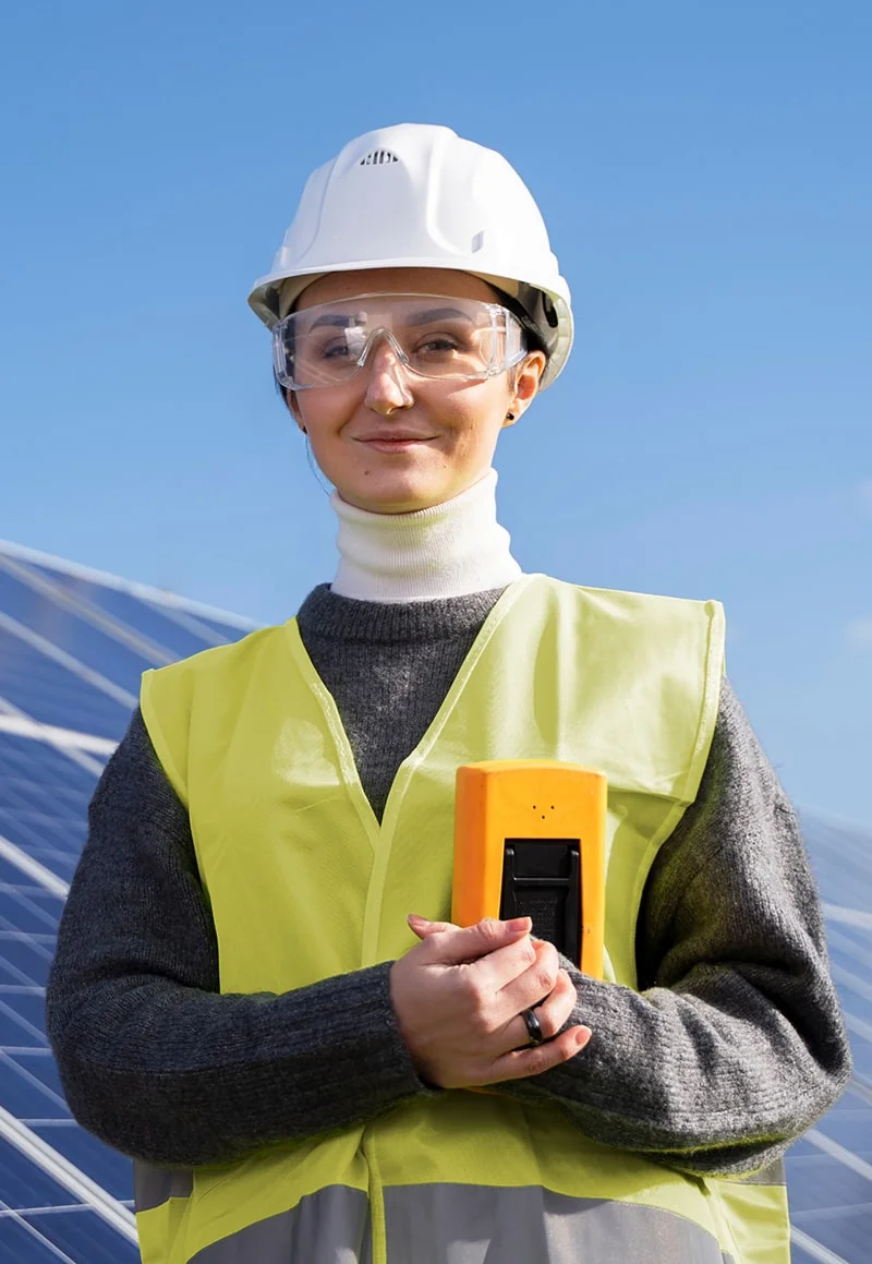 Here's an alt tag for the image: Smiling solar engineer with device.