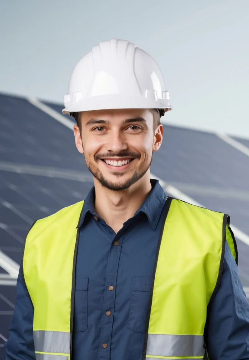 Smiling solar panel engineer in hard hat.