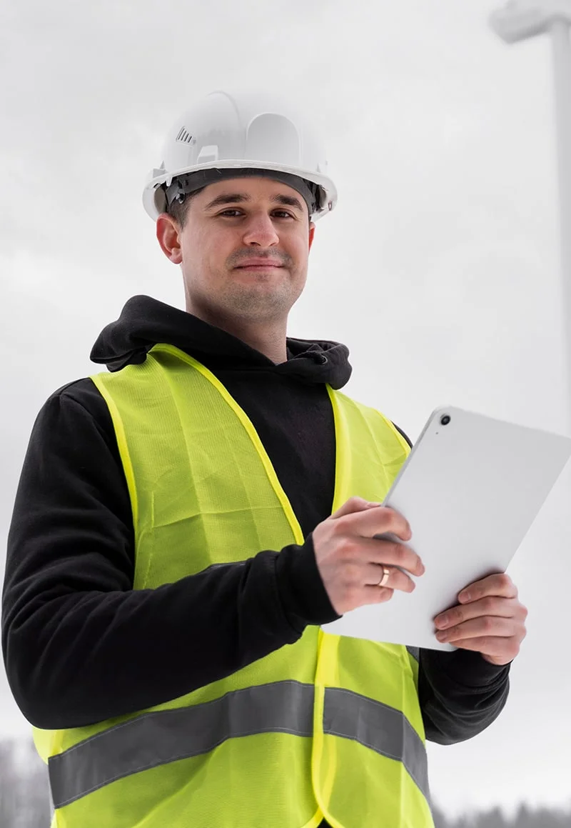Engineer using tablet at wind farm.